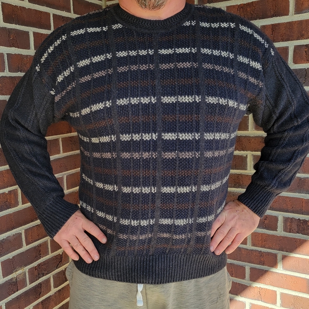 Vintage Woods & Gray Sweater Men's Large Plaid Patchwork Navy Gray Long Sleeve L